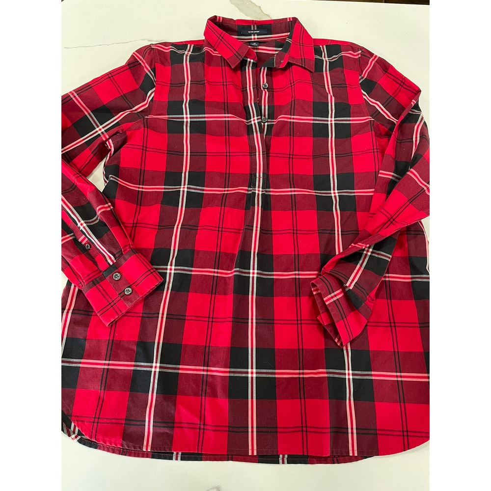Lands'‎ End Sz 12 Top Red Black Plaid Blouse Womens Popover AK103
